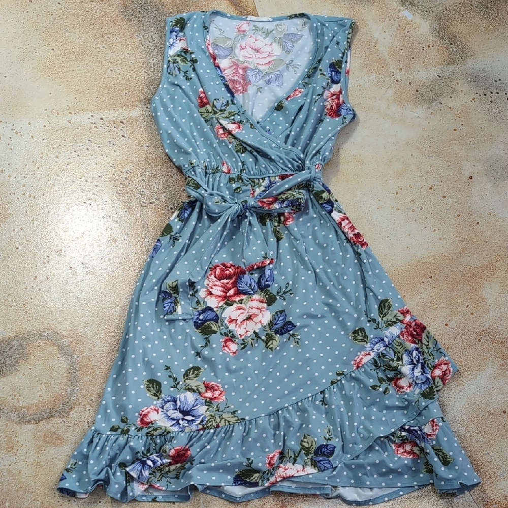Reborn J | Floral Polkadot Blue Asymmetrical Ruffle Dress Cottagecore Size 1X